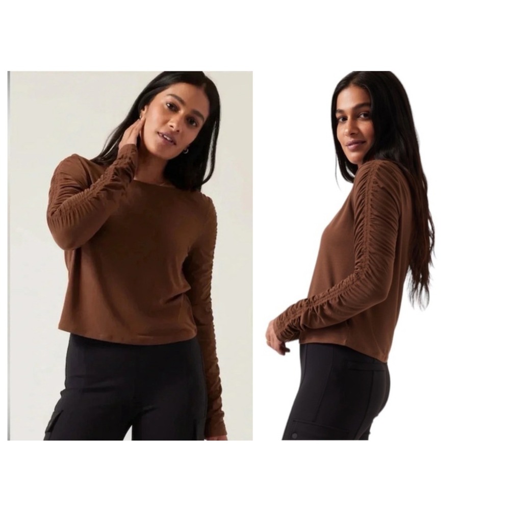 Athleta All Around Ruched Top Women 1X Brown Long Sleeve Modal Stretch‎